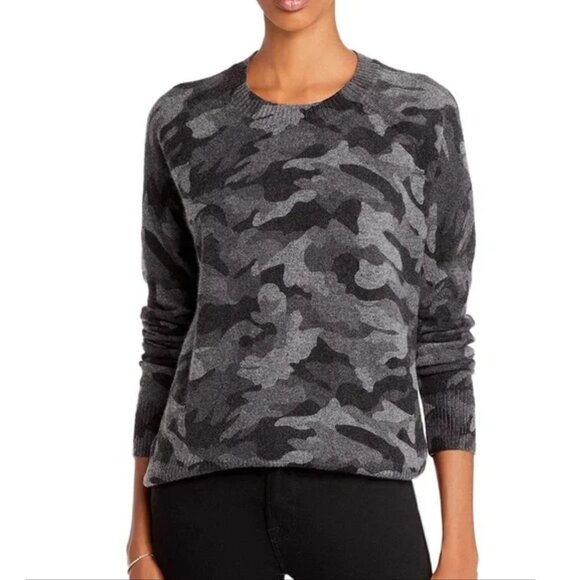 Aqua 100% Cashmere Gray Black Camo Sweater Medium Quiet Luxury - Picture 1 of 6